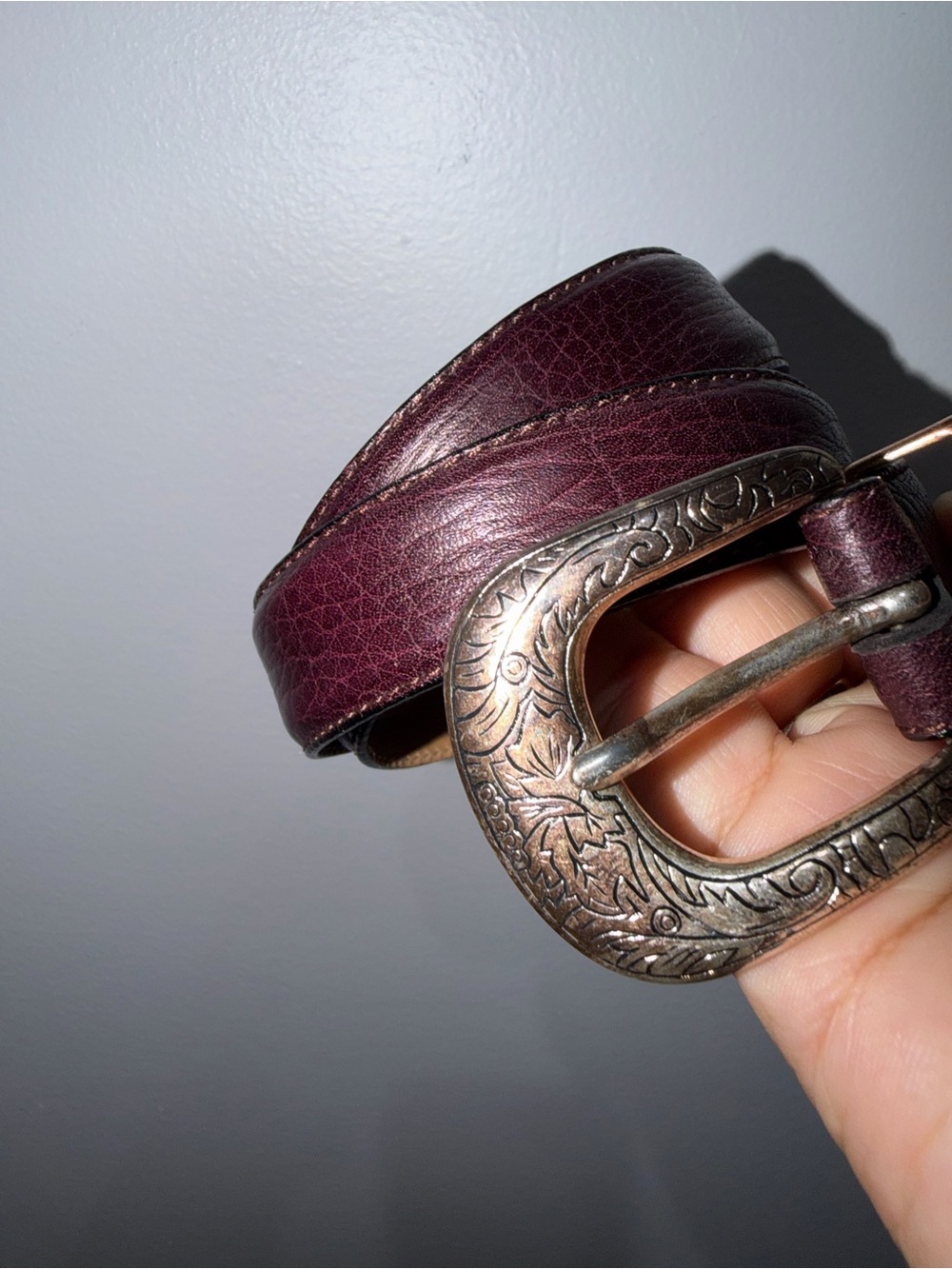 Full Grain Cowhide Leather Belt 36 Burgundy Silver Tone Buckle USA Style - Picture 3 of 7